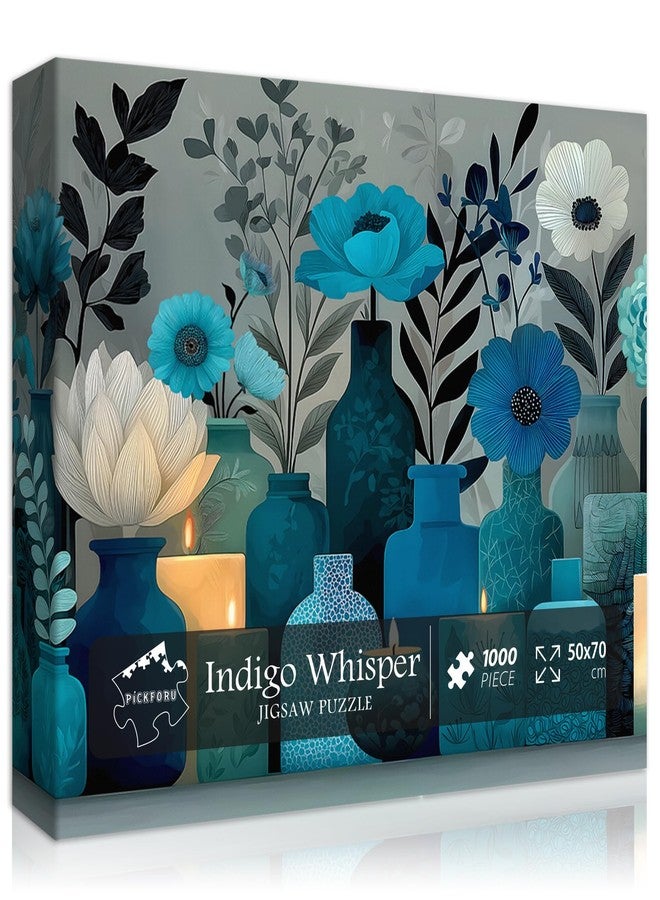 PICKFORU أحجية زهور زرقاء للكبار، 1000 قطعة، أحجية بانوراما PICKFORU Indigo Whisper، أحجية مزهرية زهور أنيقة، تحدٍّ للكبار بتصميم جمالي عصري - Image 1